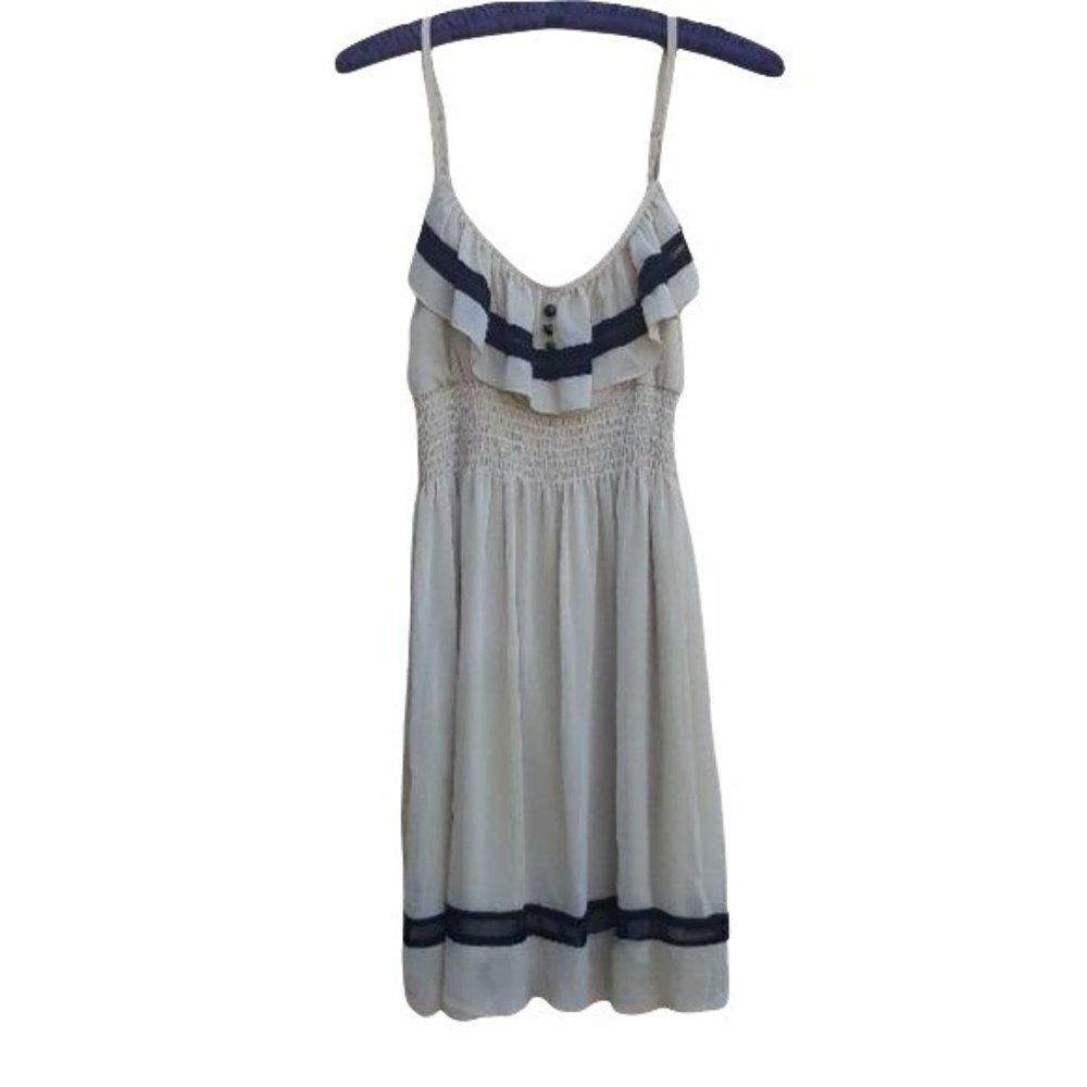 Poetry Boho Peasant Old West Ruffle Smocked Mini Dress Cream Black Sz M
